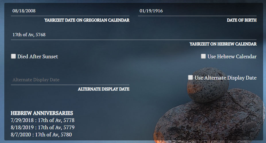 Yahrzeit Date Search Options